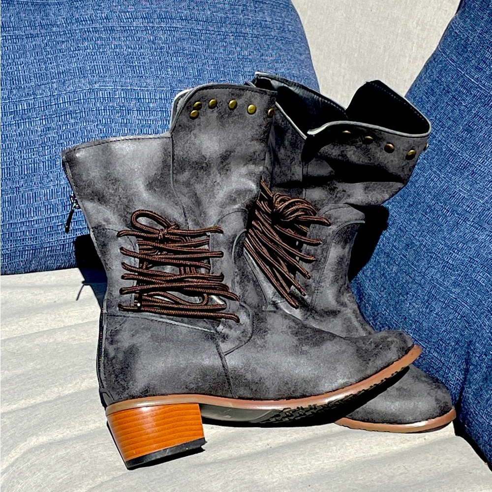 Gray Women's Combat Moto Boots with Brown Laces